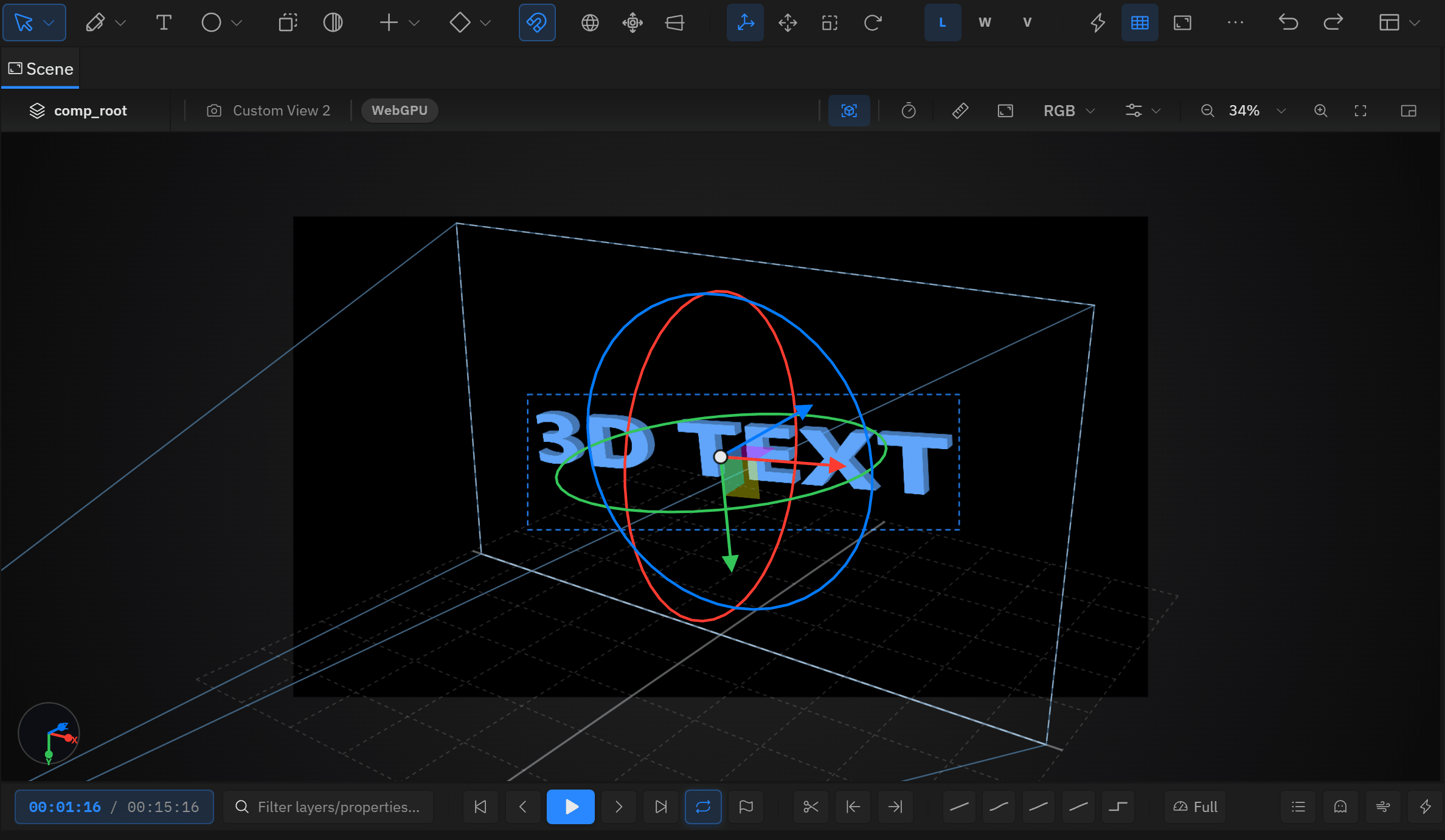 A custom 3D view of the composition: the camera frustum, the comp plane standing in space above a ground grid, and a universal gizmo on the selected layer