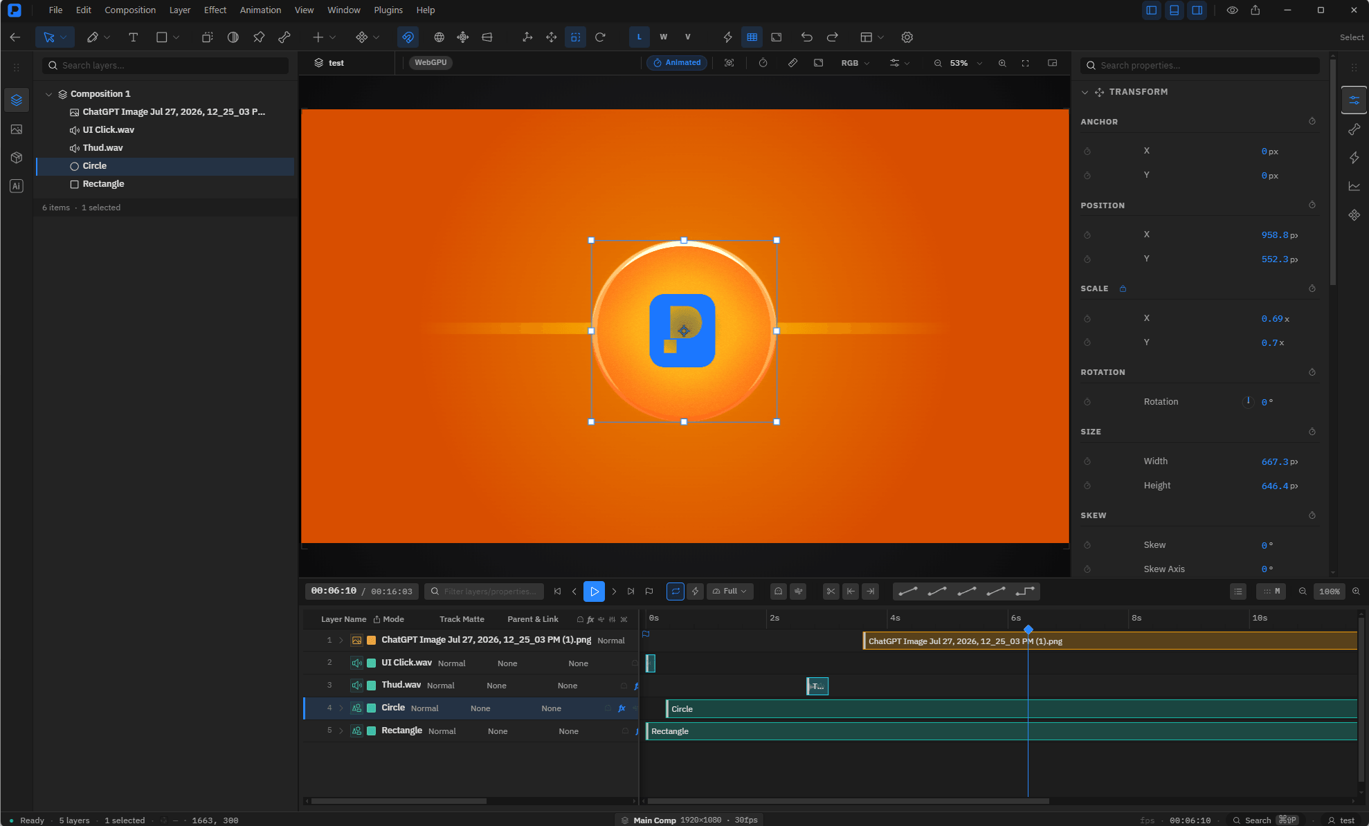 The Premation editor: a composition open on the canvas with its layer tree, timeline and transform inspector