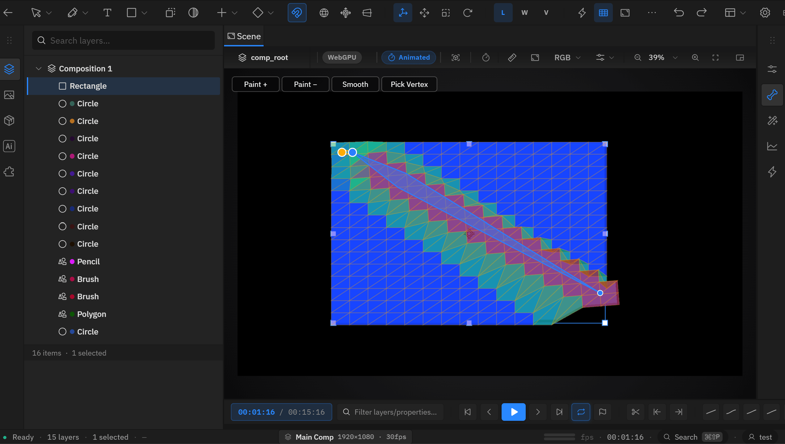 A triangulated mesh with per-vertex weights painted as a heat map and a bone chain running through it